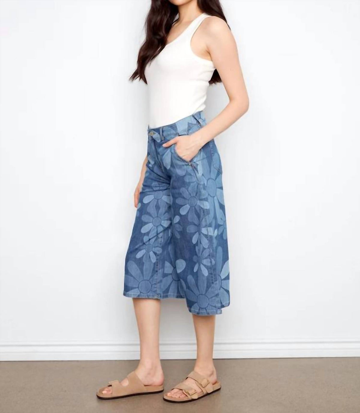 Charlie B - Printed Cropped Stretch Denim Palazzo Pants