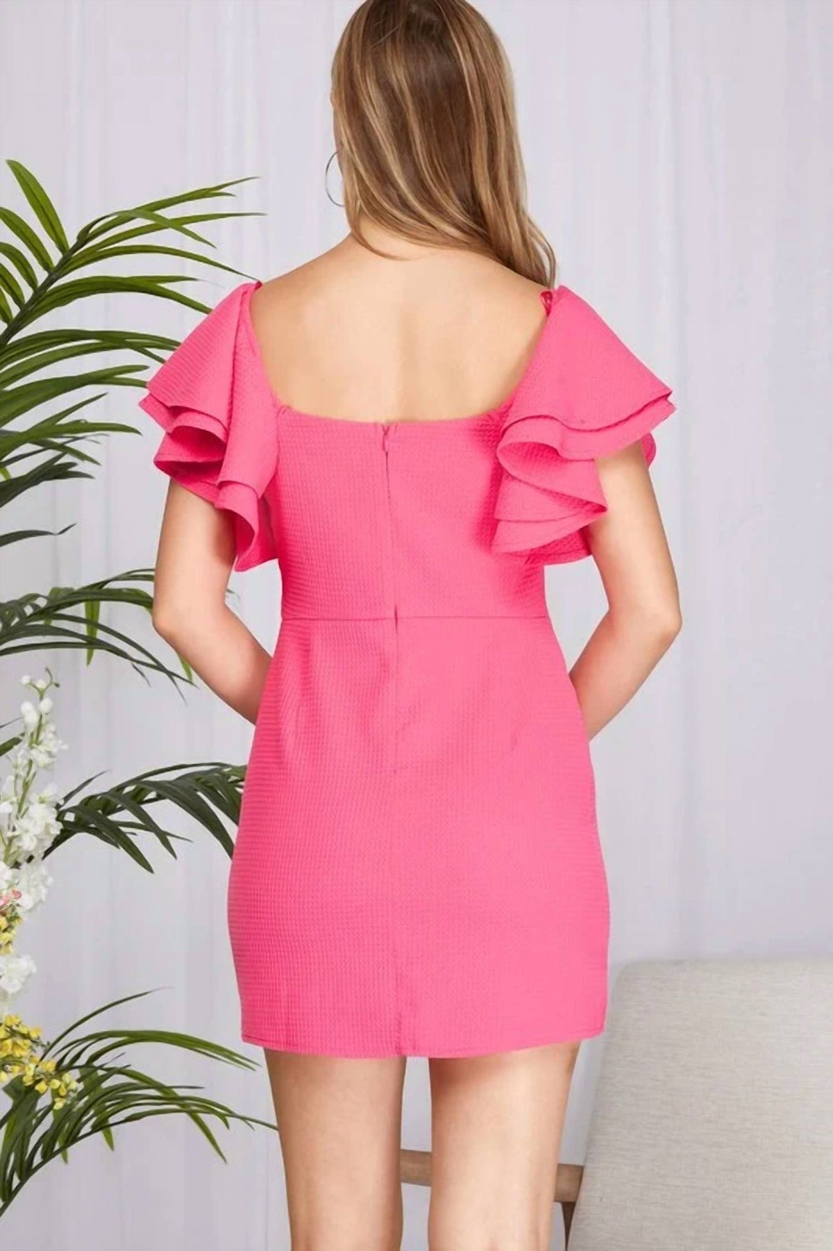 Style U - Double Ruffled Sleeve Textured Woven Dress