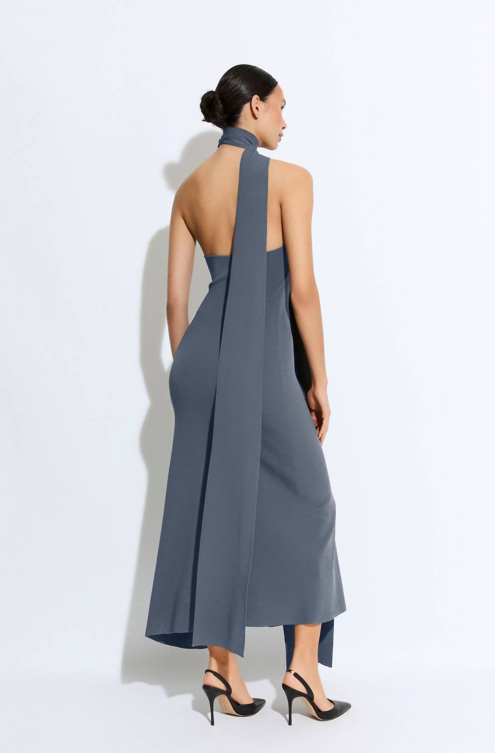 LAPOINTE Matte Viscose Halterneck Dress in grey blue - women's dress - alternate view
