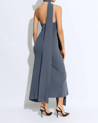 LAPOINTE Matte Viscose Halterneck Dress in grey blue - women's dress - detail view