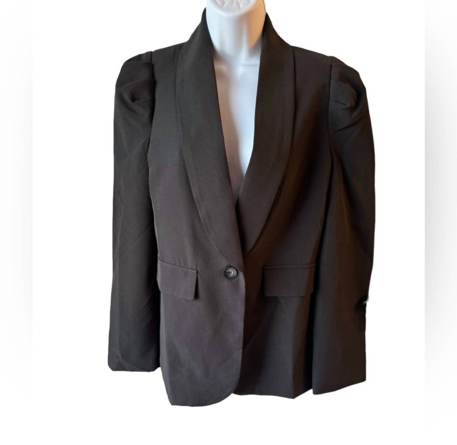 PLM Women’s Puff Shoulders Long Sleeves Blazer in black 1 - women's jacket - detail view