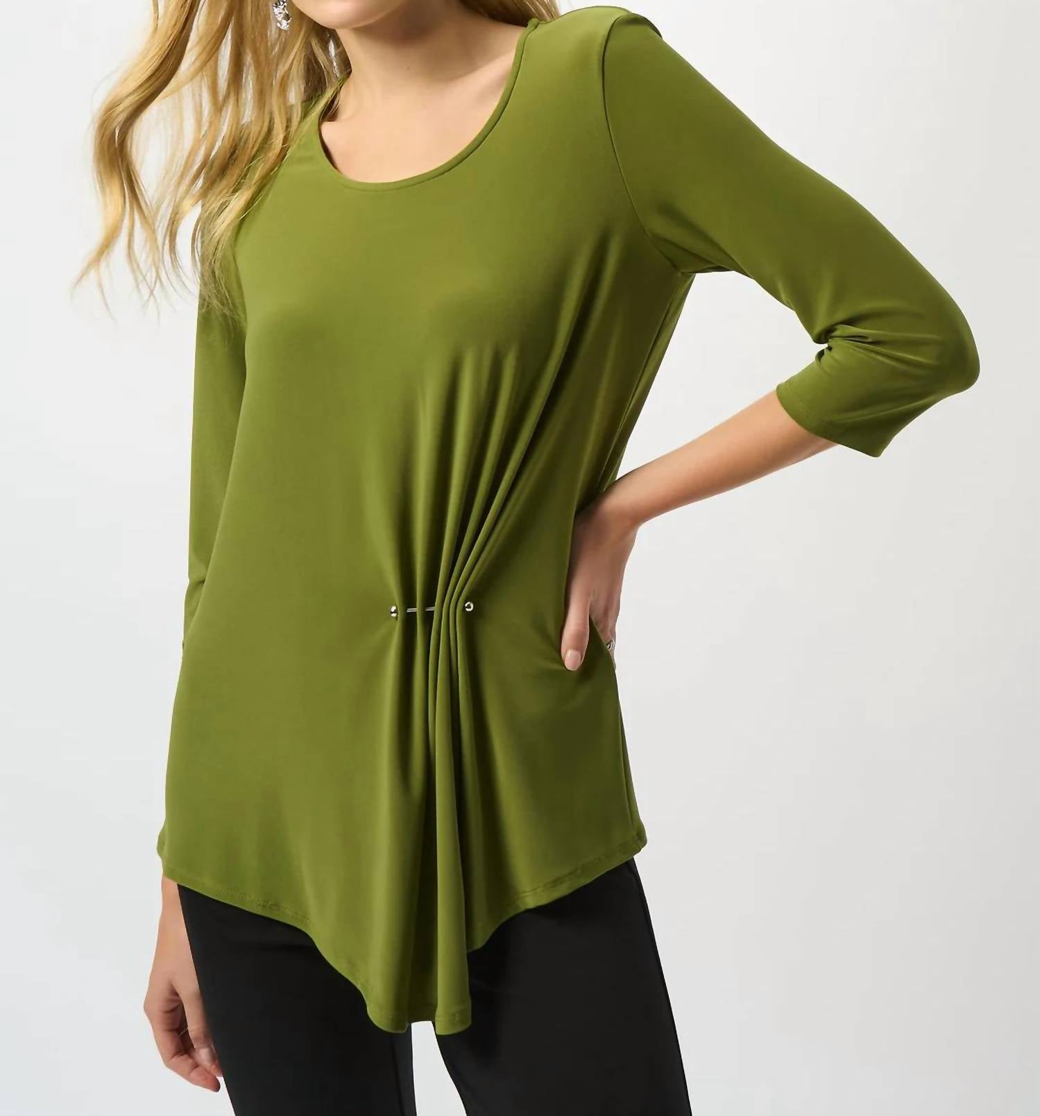 Joseph Ribkoff Asymmetrical Scoop Neck 3/4 Sleeves Tunic Top in artichoke - women's shirt