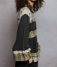 POL Washed Print Plaid Full Sleeve Top in gray - women's long sleeve top - detail view