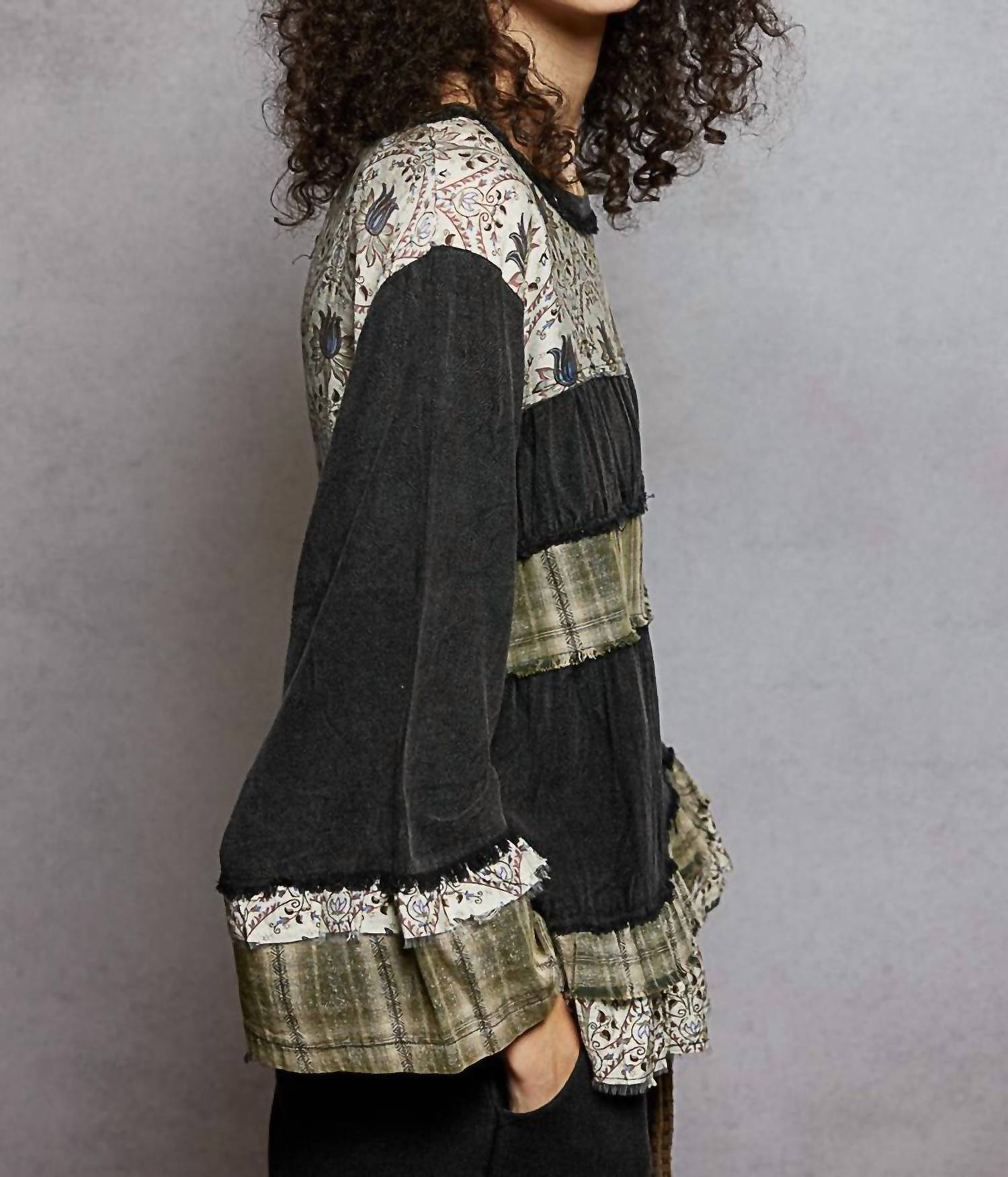POL Washed Print Plaid Full Sleeve Top in gray - women's long sleeve top - detail view