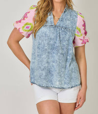 Mystree - Washed Mixed Media Peasant Blouse