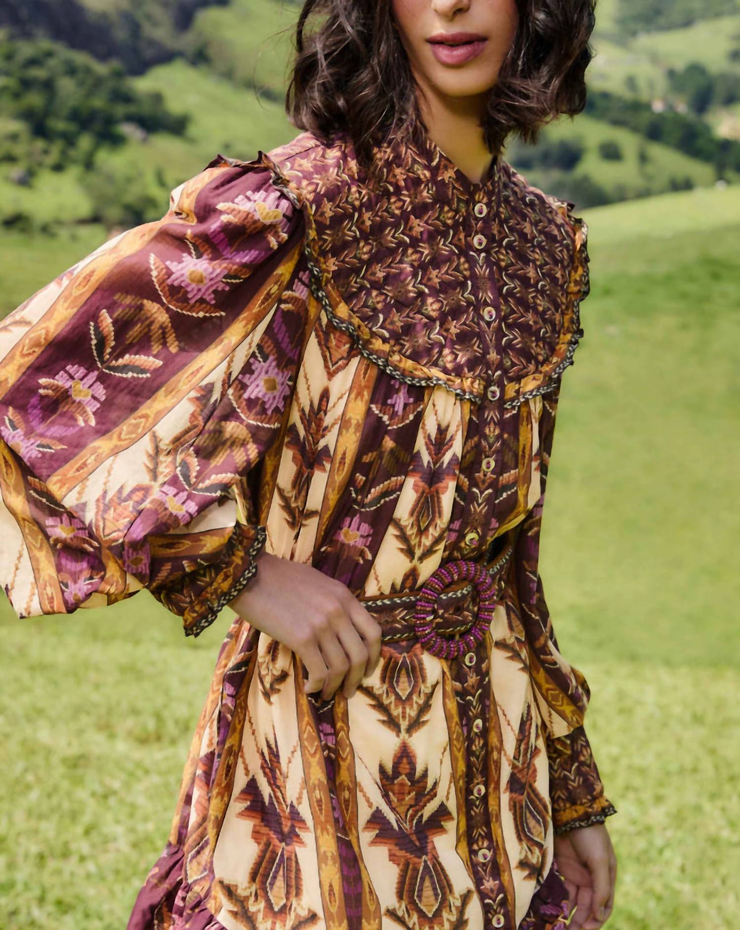 Farm Rio - Embroidered Tapestry Long Sleeve Mini Dress