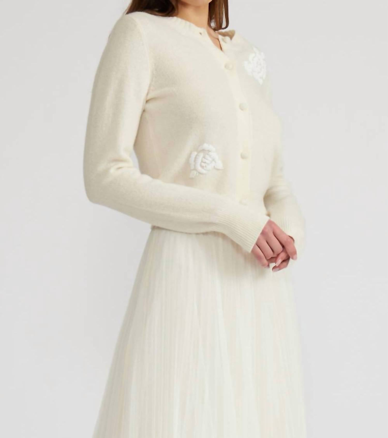 LUCY PARIS Nilda Beaded Cardigan Sweater Top in ivory - women's cardigan - detail view