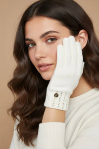 Joseph Ribkoff Rhinestone Embellished Knit Gloves in winter white - women's accessory