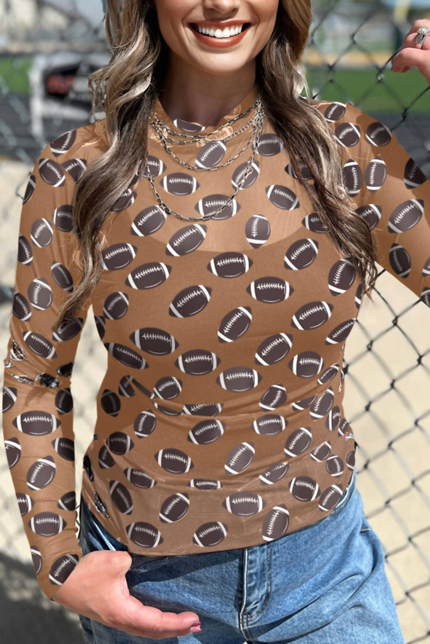 1 The Woman - Game Day football Mesh Sheer Long Sleeve Top