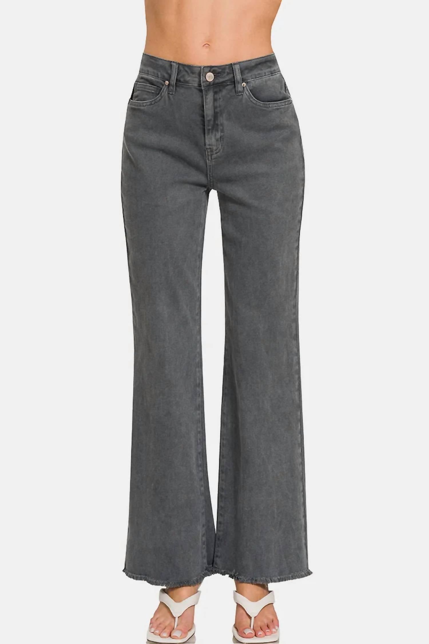 Zenana - Acid Washed Frayed Hem Bootcut Jeans