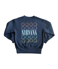 ROWDY SPROUT Girl's Nirvana Smiley Crew Sweatshirt in washed black - kids' shirt - detail view