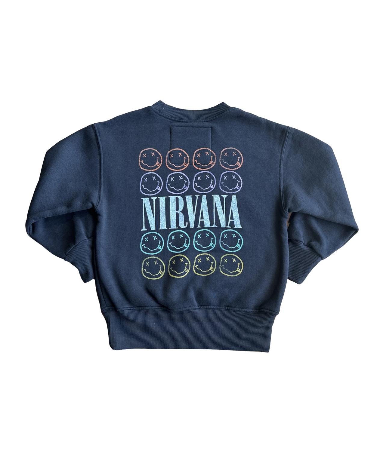 ROWDY SPROUT Girl's Nirvana Smiley Crew Sweatshirt in washed black - kids' shirt - detail view