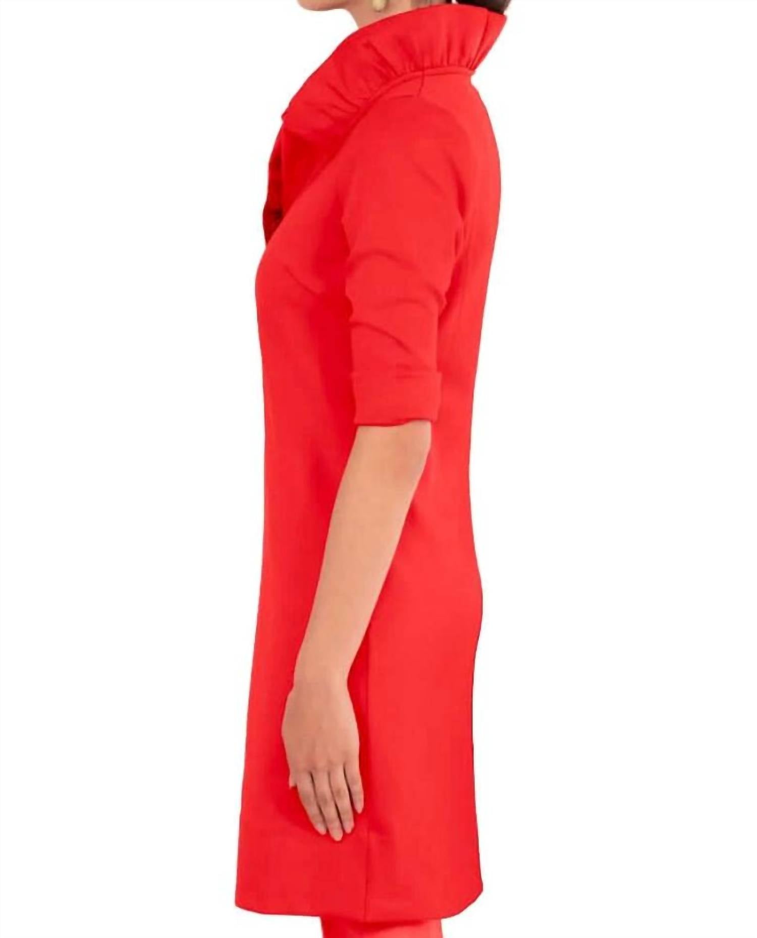 GRETCHEN SCOTT Jersey Ruffneck Mini Dress in crimson 1 - women's dress - detail view