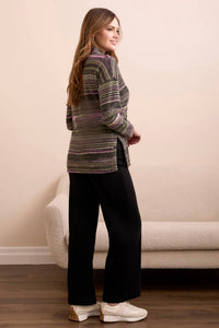 Tribal - Striped Mock Neck Top With Side Slits