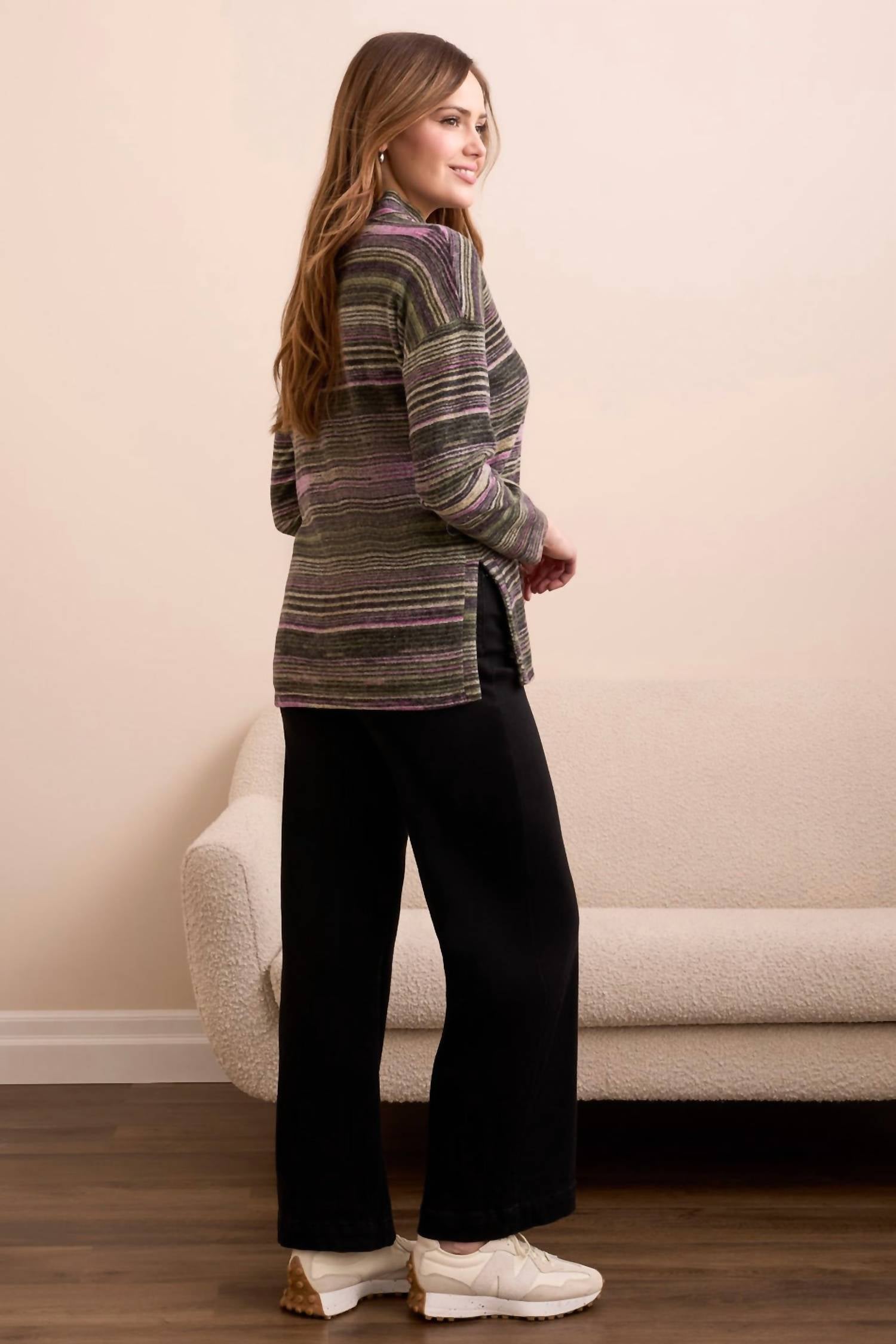 Tribal - Striped Mock Neck Top With Side Slits