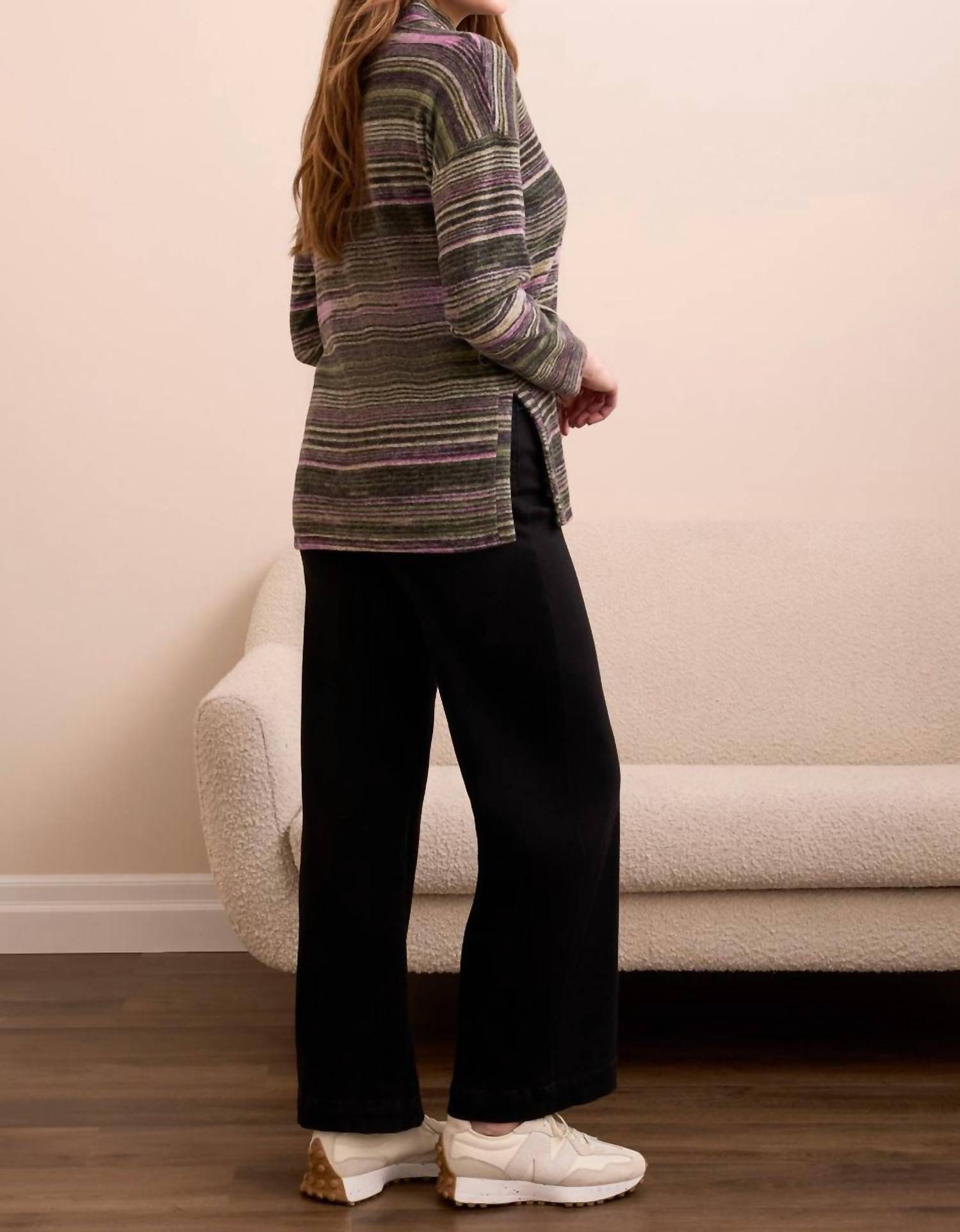 Tribal - Striped Mock Neck Top With Side Slits