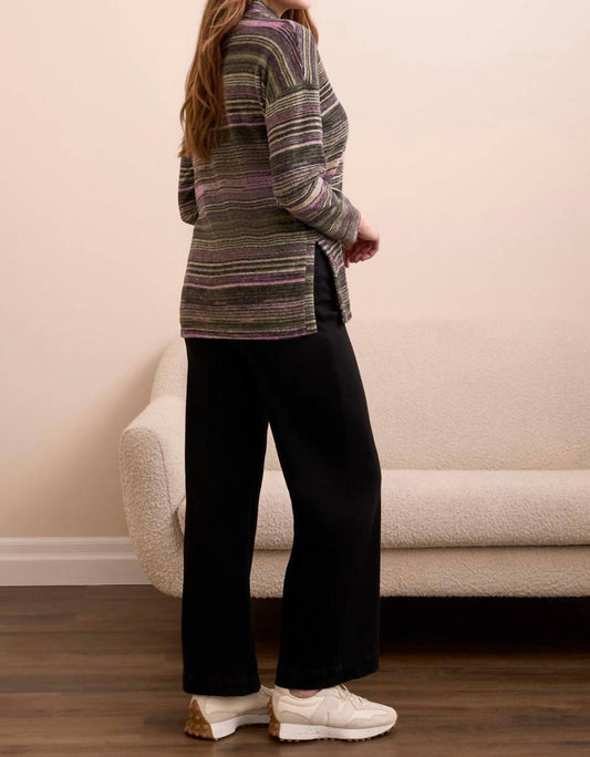 Tribal - Striped Mock Neck Top With Side Slits