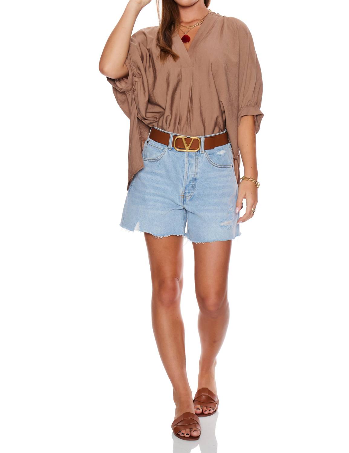 PINCH V-neck Tunic Top in mocha - women's blouse - detail view