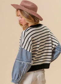 Bibi - Denim Sleeves Striped Sweater