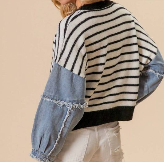 Bibi - Denim Sleeves Striped Sweater