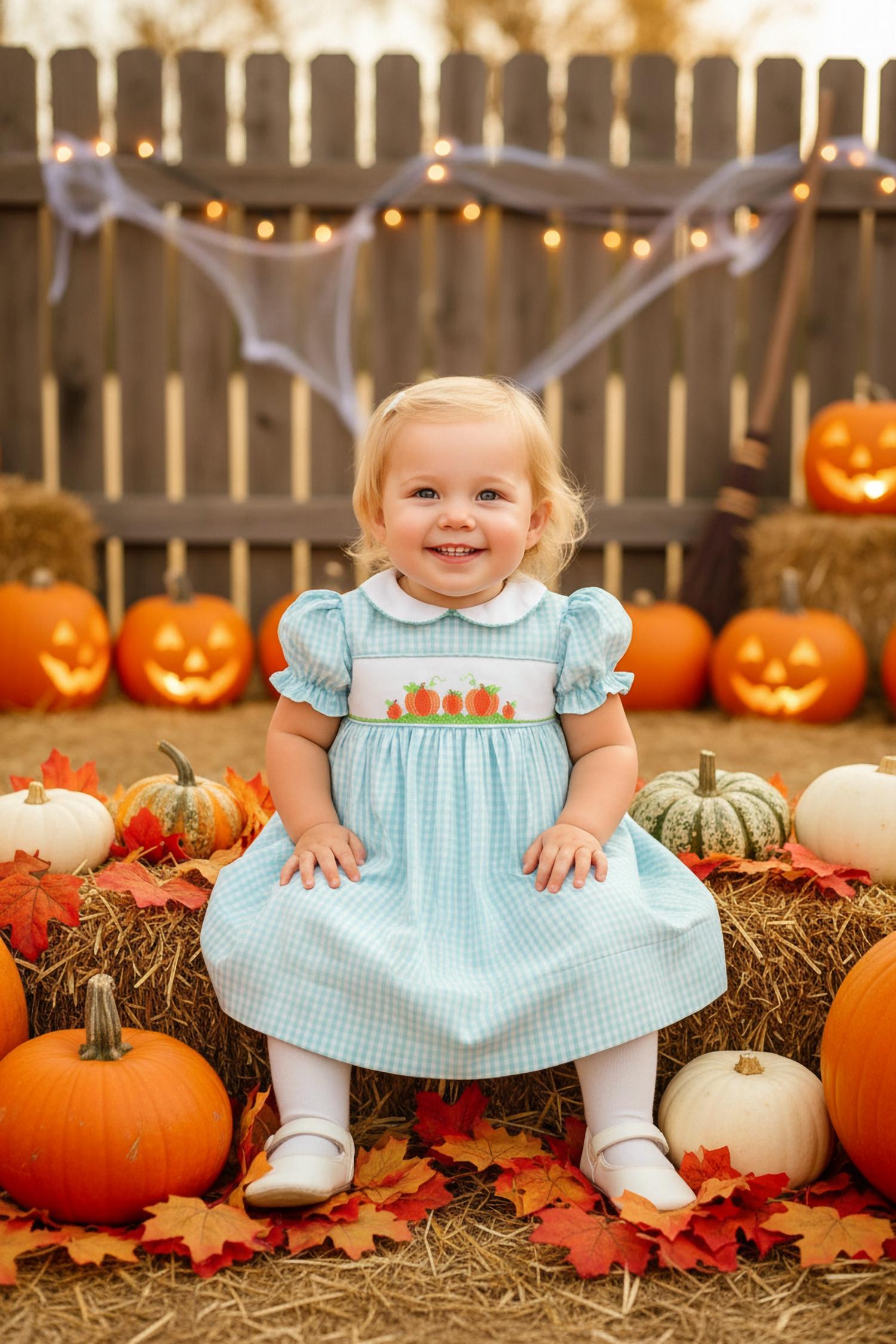 Petit Ami Zubels Kid's Fall Pumpkin Dress in light blue - kids' dress - alternate view