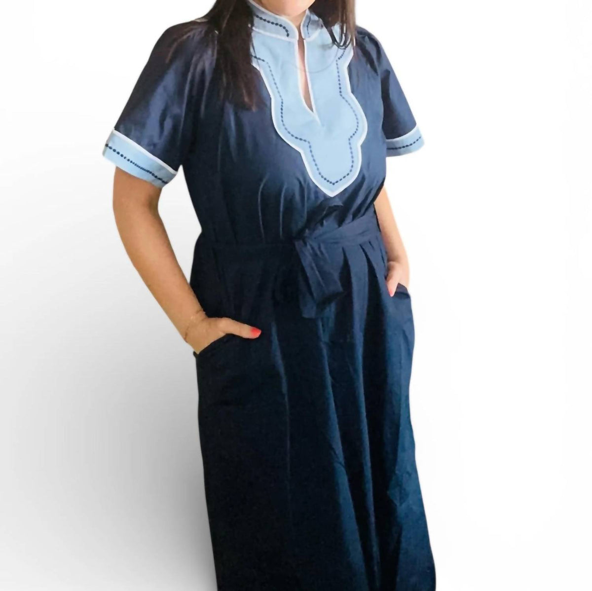 Thml - Caroline Short Sleeve Trimmed V-neck Belted Dress