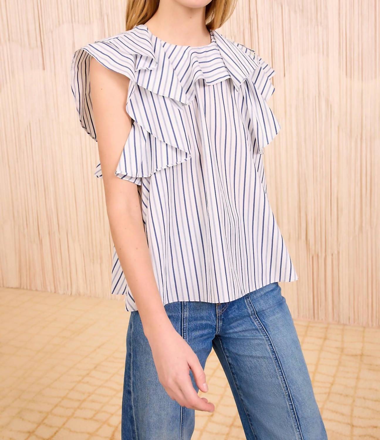 Ulla Johnson Amaia Cap Sleeve Top in chalk stripe - women's blouse - detail view