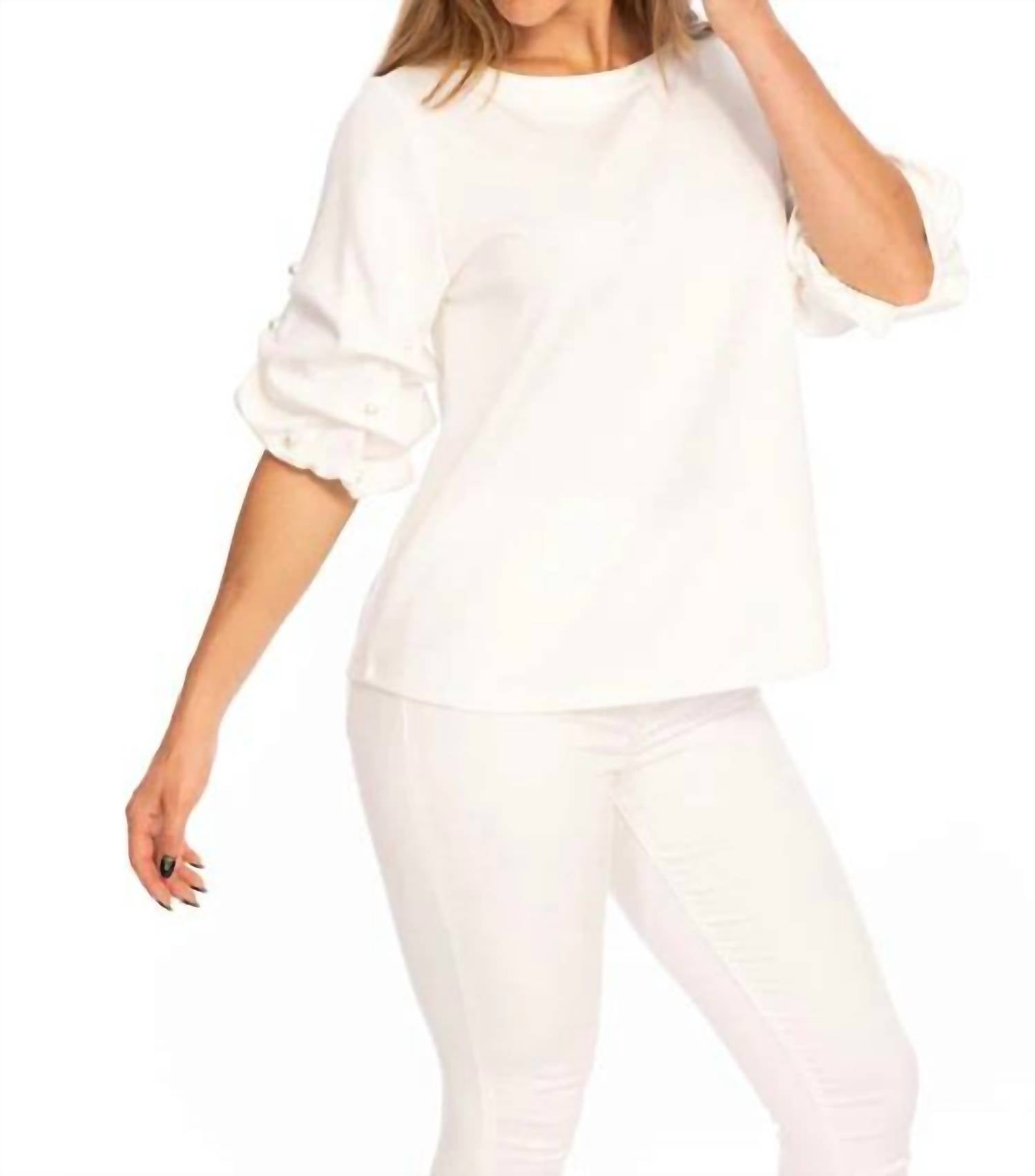 Beverly Rose Pearl Gathered Elbow Sleeve Top in white - women's blouse - alternate view