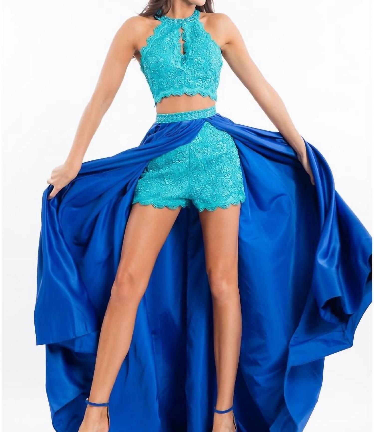 Rachel Allan - Two-piece Lace Prom Dress With Matte Satin Overskirt