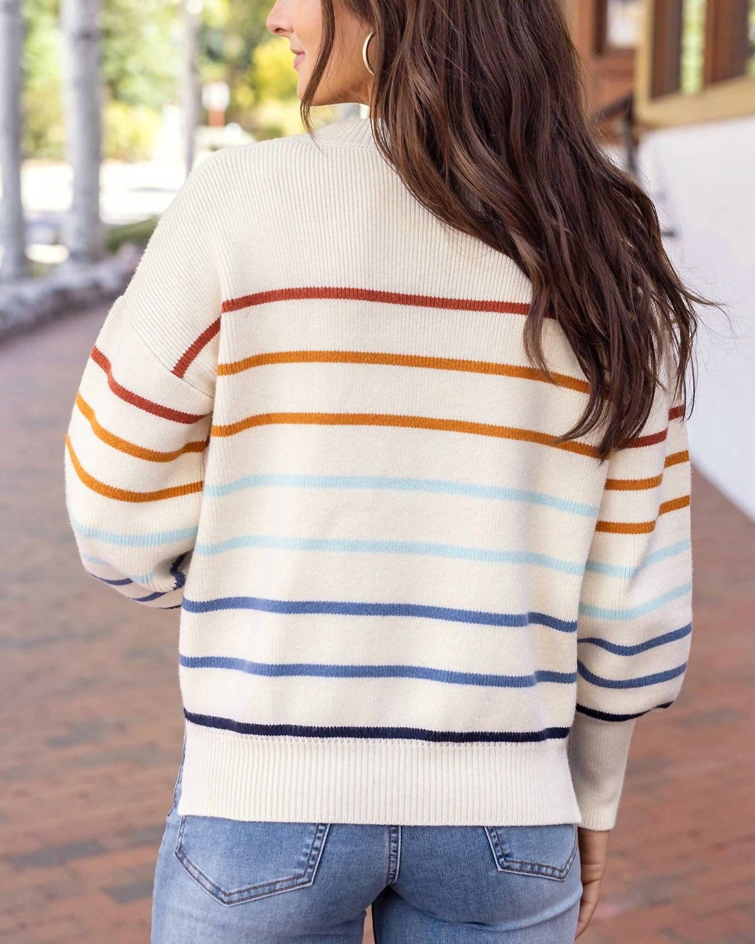 Grace and Lace Crew Neck Striped Sweater in ivory multi stripe - women's sweater - view 5