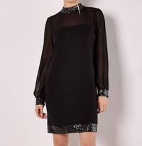 Apricot - Sequin Mock Neck Long Sleeve Mini Dress