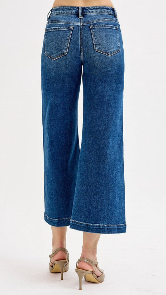 Risen - Mid Rise Crop Wide Front Patch Pocket Jeans