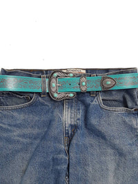 Axesoria West Women's Western Buckle Loop Tip Set With Embossed Belt in turquoise silver - women's accessory - detail view