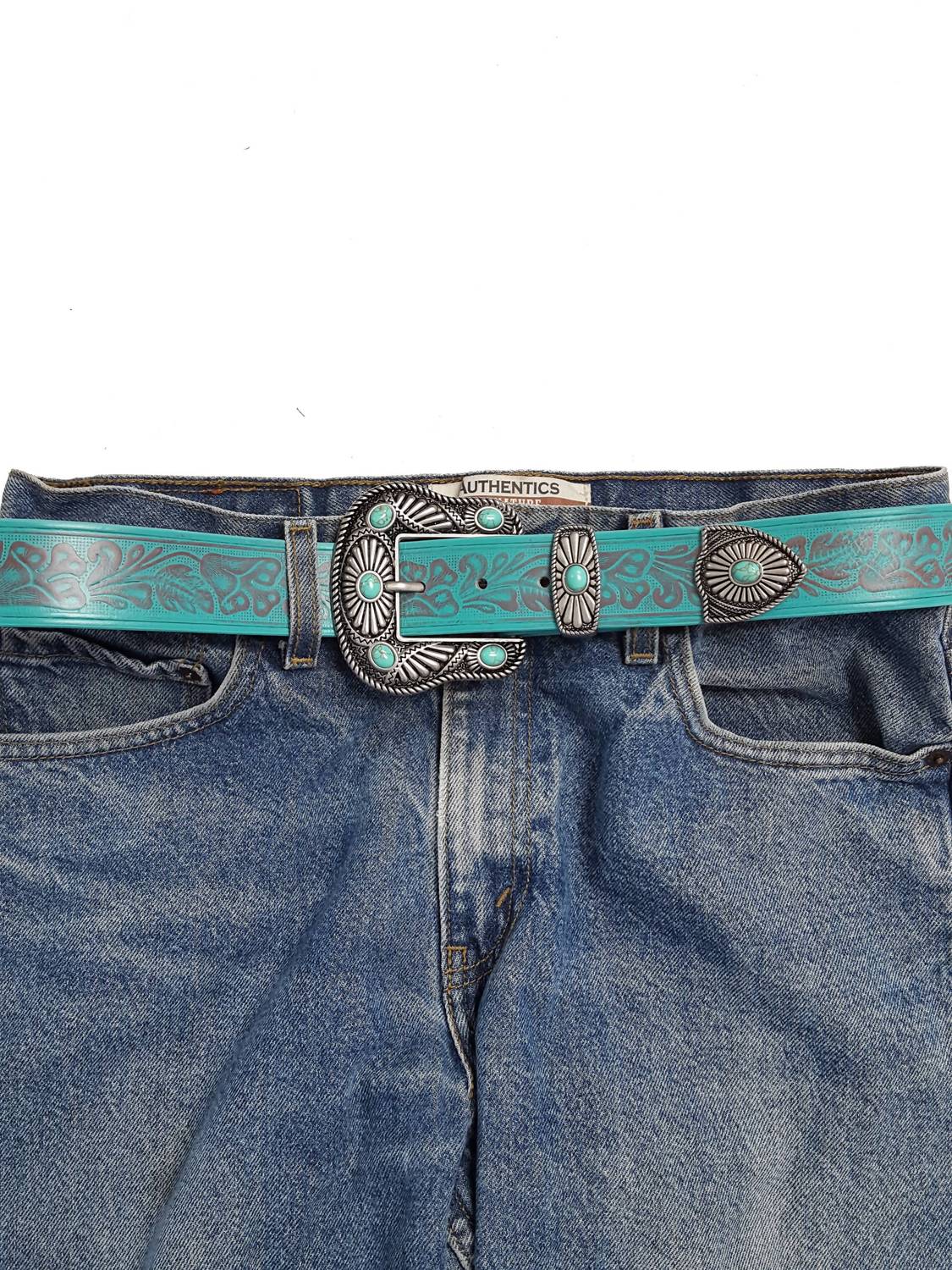 Axesoria West Women's Western Buckle Loop Tip Set With Embossed Belt in turquoise silver - women's accessory - detail view