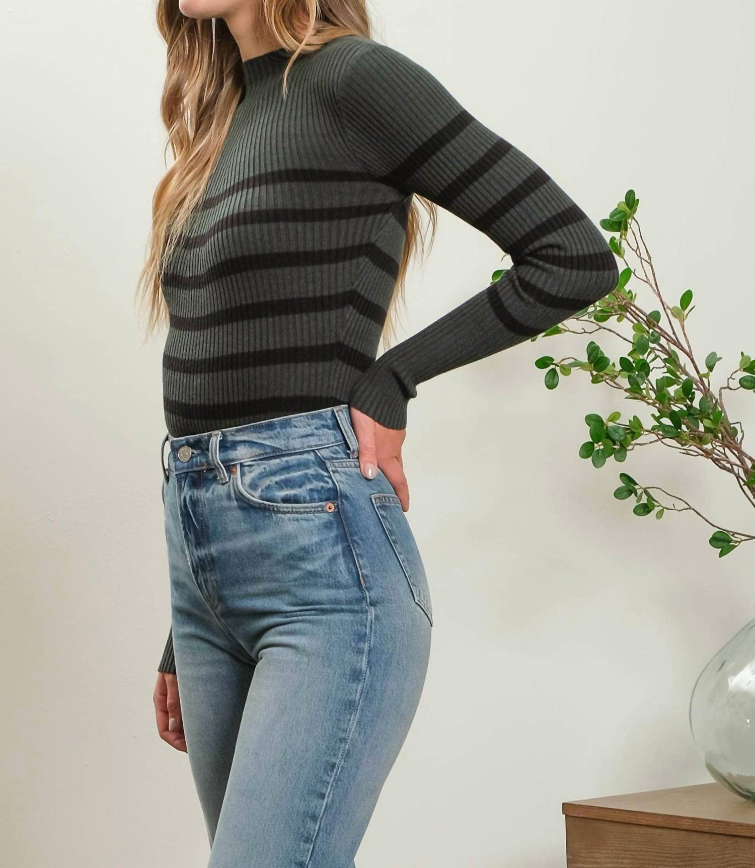 The Workshop Studio - STRIPE MOCK NECK LONG SLEEVE KNIT SWEATER