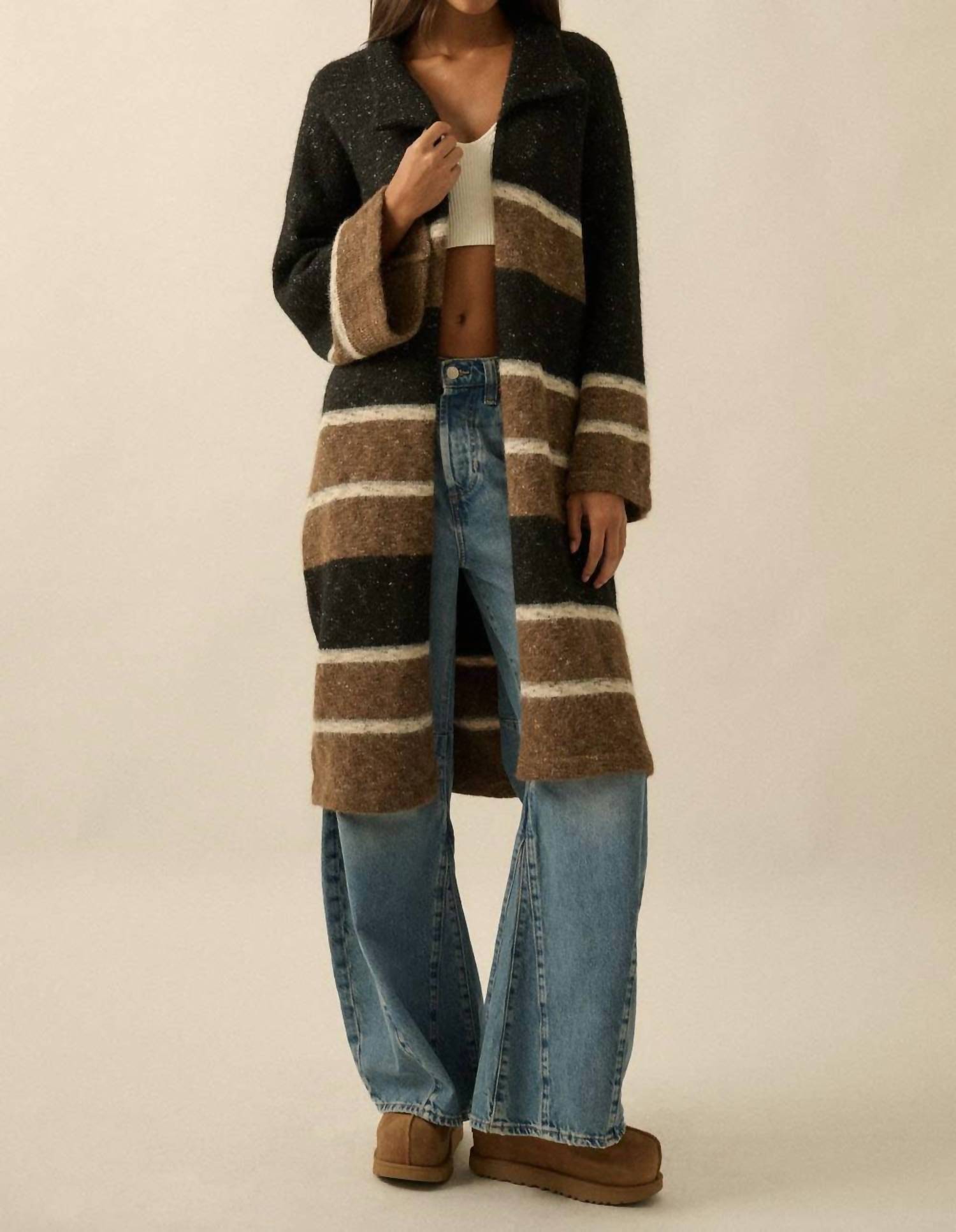 Promesa - Colorblock Stripe Collared Open-front Cardigan