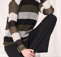 Angel Apparel Stripe Crochet Scoop Neck Top in black army - women's long sleeve top