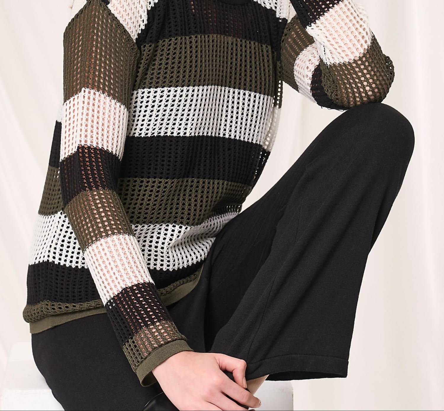 Angel Apparel Stripe Crochet Scoop Neck Top in black army - women's long sleeve top
