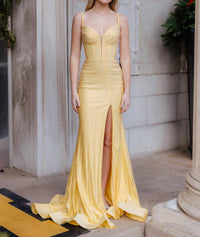 Sherri Hill Fitted Hot Fix Prom Dress With Corset Bodice in yellow - women's dress - detail view
