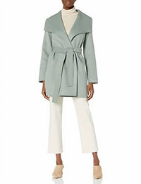 Women Tie Belt Wing Collar Wool Wrap Coat
