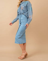 Blue B Mid Rise Fitted Button Up Midi Denim Pencil Skirt in light wash - women's skirt - view 5