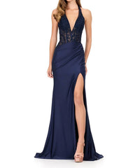 ASHLEYlauren Halter Embroidered Lace Bodice Gown in navy - women's dress
