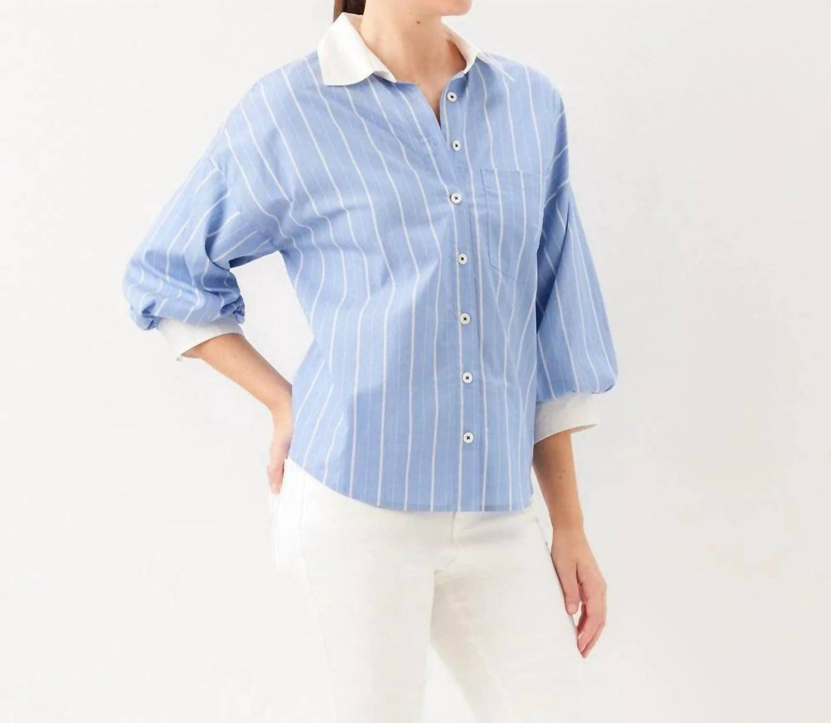 Karen Kane - Stripe Lantern Sleeve Button-Up Shirt