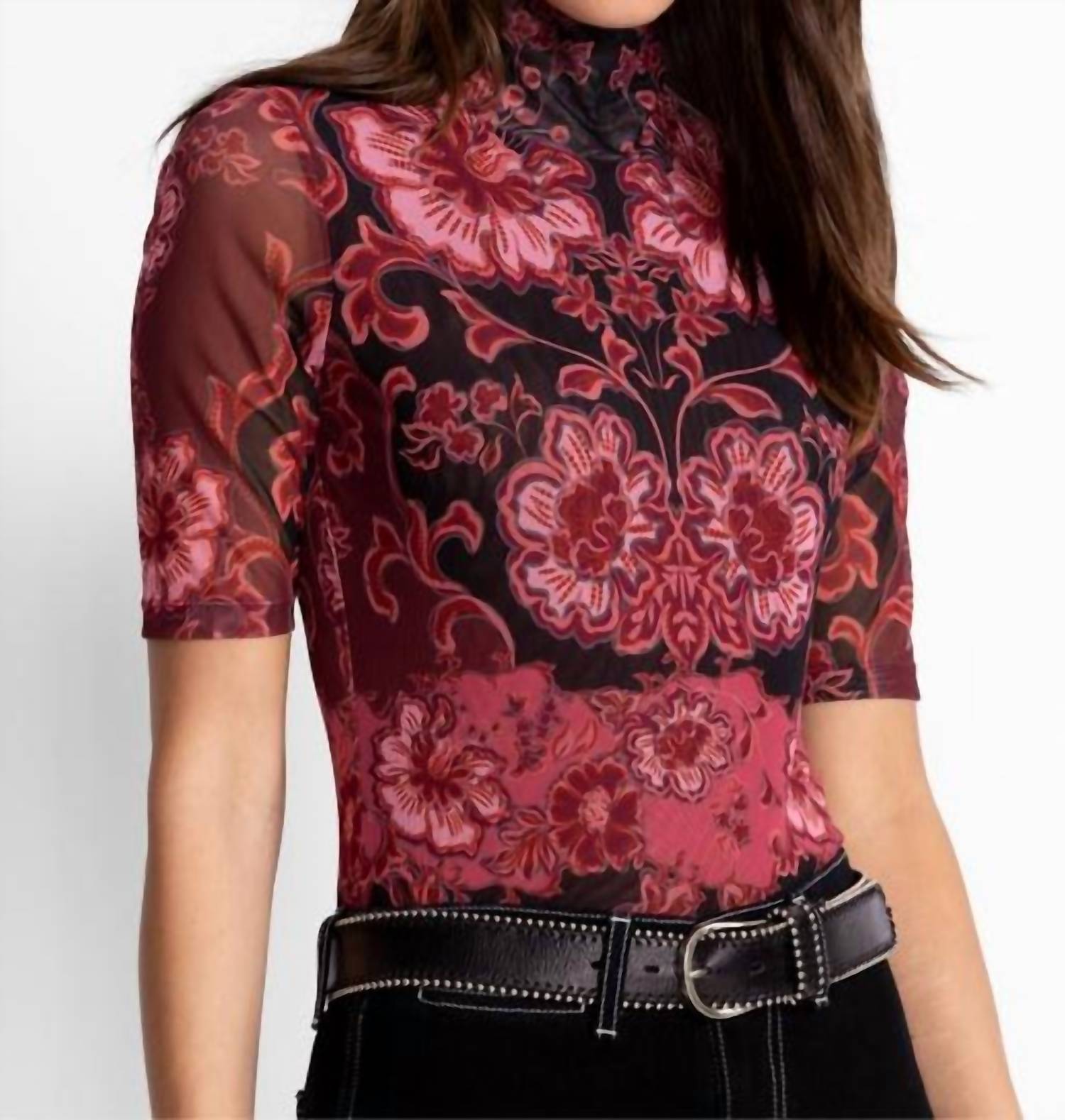 Johnny Was - MESH ELBOW SLEEVE MOCK NECK TOP
