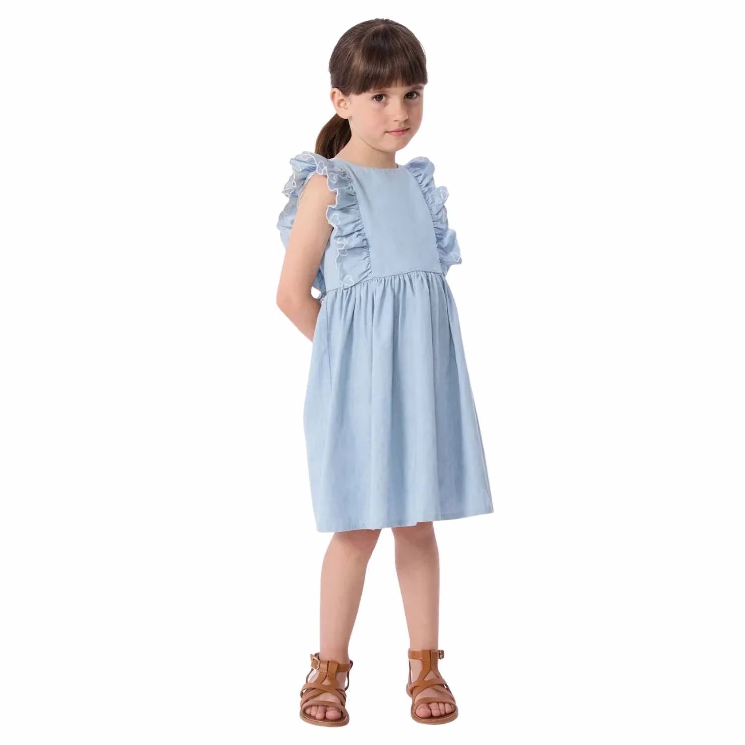 Petit Bateau - Girl Sleeveless Chambray Dress With Embro Ruffles