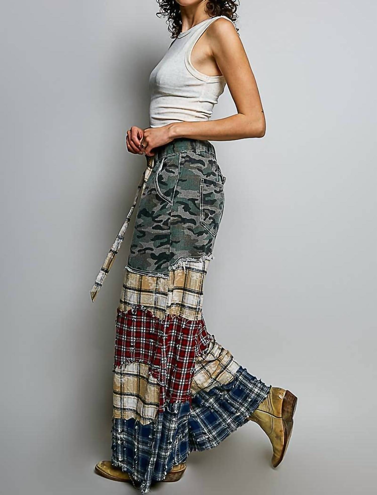Pol - Asymmetrical Patchwork Buckle Back Detail Woven Pants