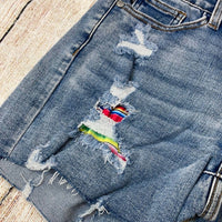 Judy Blue Women's Mid-rise Serape Patch Destroyed Shorts in blue - women's shorts - alternate view