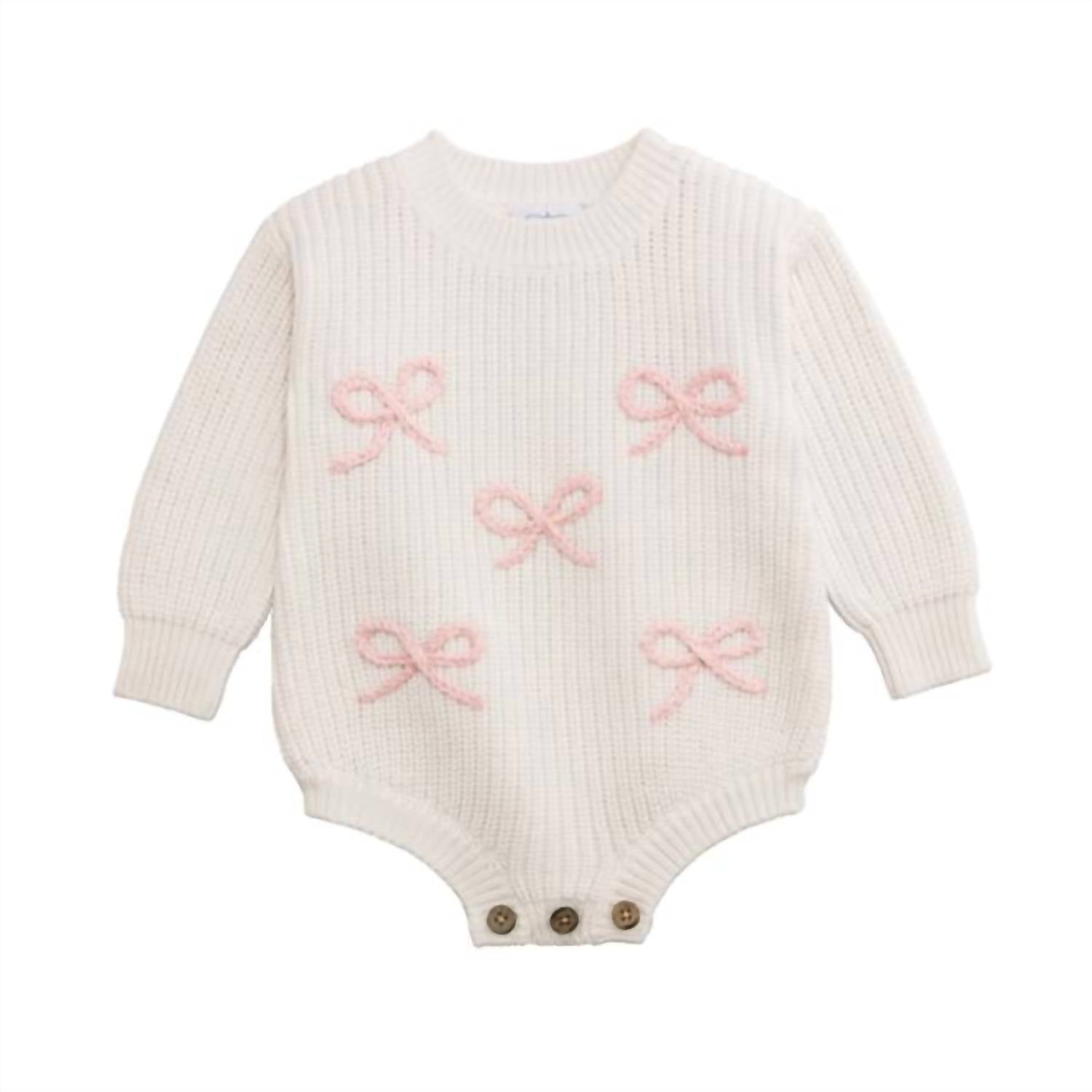 mudpie Girls Bow Chainstitch Sweater Bubble in white - kids' sweater