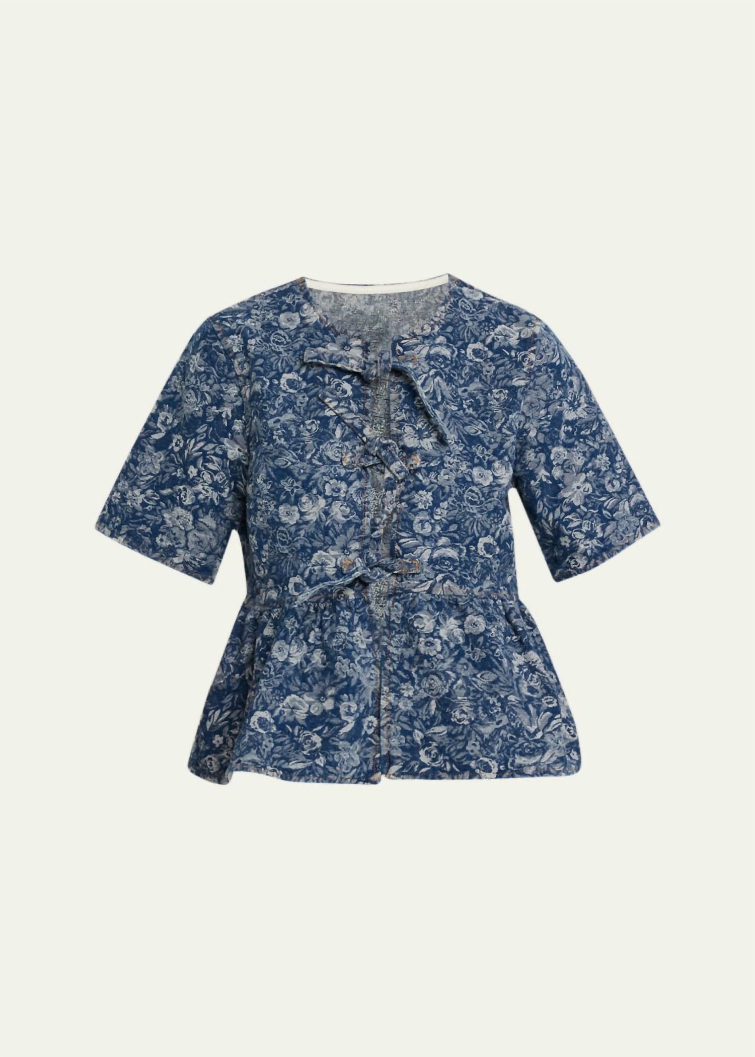 Ganni - Tapestry Denim Peplum Short Sleeve Blouse