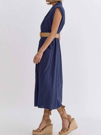 entro Linen Style Belted Midi Dress in navy - women's dress - view 4